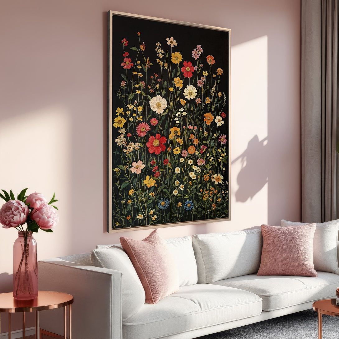 Framed Wall Art: Floral canvas print with vibrant wildflowers on a black background. Adds a touch of nature with a colorful, botanical style.