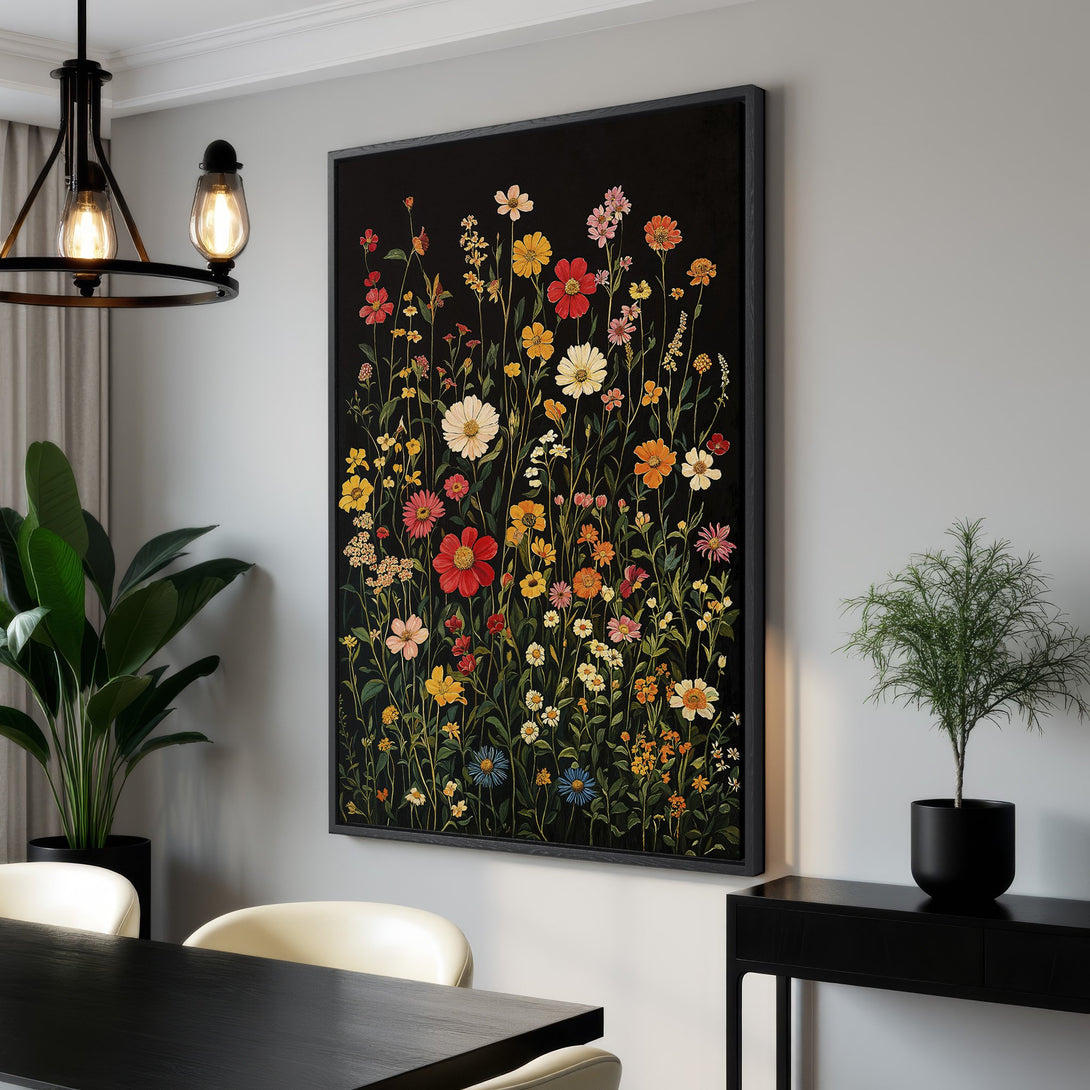Framed Wall Art: Vibrant floral canvas print with a black background, showcasing colorful wildflowers. Perfect for adding a touch of nature and style to any room.