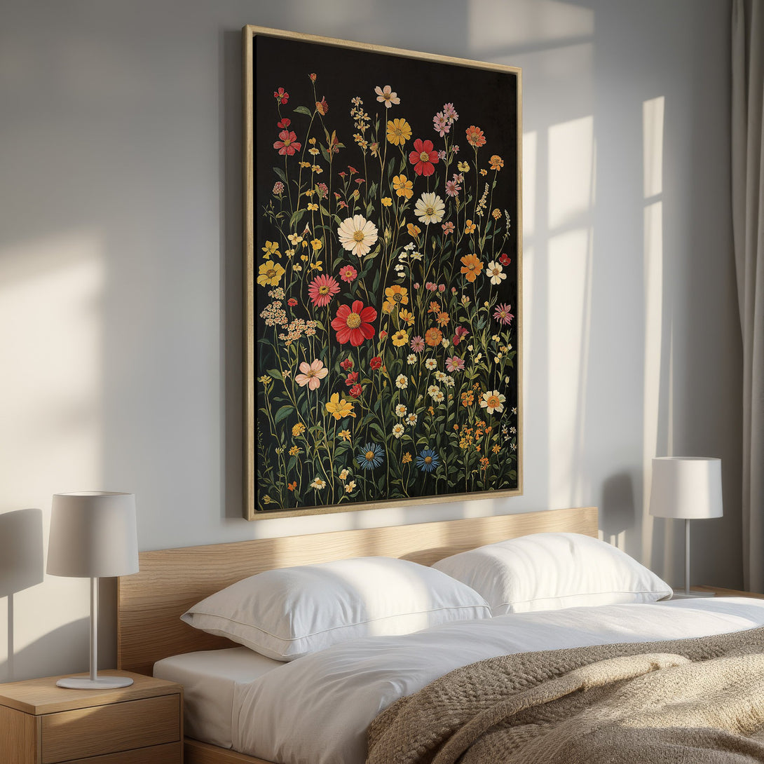 Framed Wall Art featuring a vibrant floral meadow on a black background. Adds a touch of nature with a colorful, vintage-inspired palette to any bedroom.