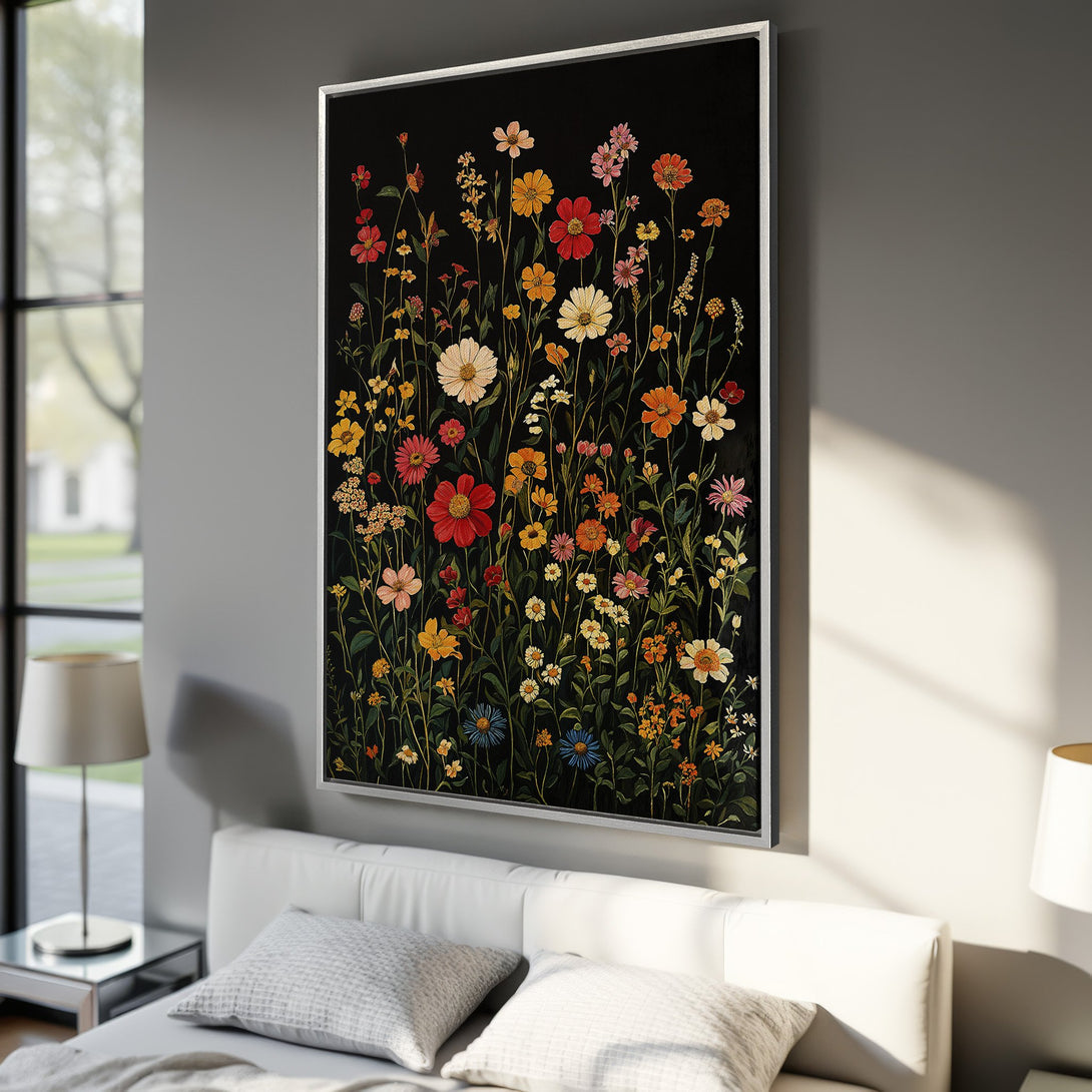 Framed Wall Art: Botanical Canvas Print of colorful wildflowers on a black background, perfect for adding a touch of nature to your home decor.