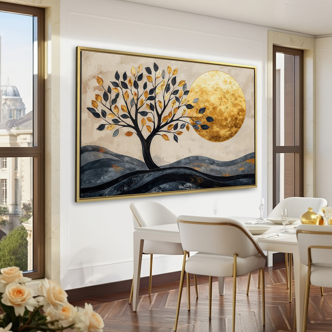 Canvas Print of a tree and moon abstract art in gold and black tones, displayed in a stylish interior with a green wall.