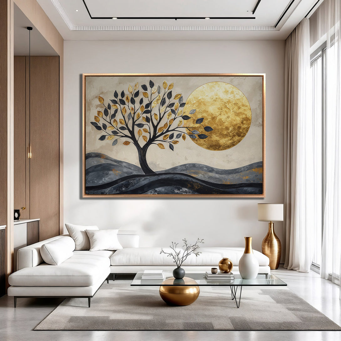 Framed Wall Art: Abstract tree art with gold and gray tones. Modern canvas print adds elegance to any interior. Shop now!