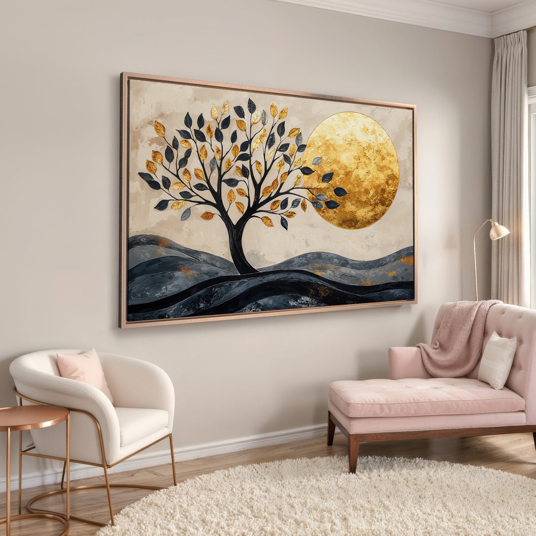 Framed Wall Art: Abstract tree art with gold and navy leaves, gold moon, and neutral tones. Modern wall decor for living room or bedroom.