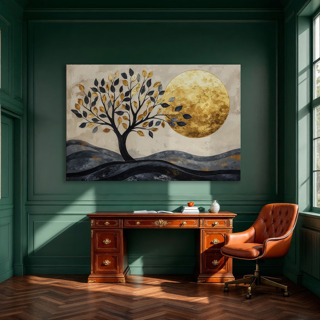 Framed Wall Art: Abstract tree art with gold, black, and neutral tones. Modern canvas print for dining room decor. Shop now for stylish wall art!