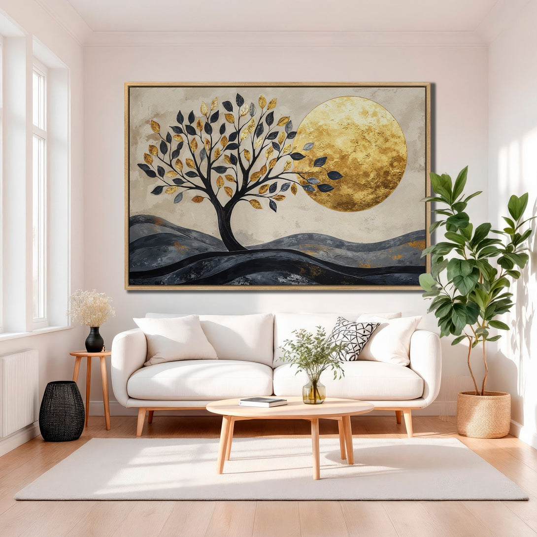Framed Wall Art: Abstract tree art with gold and black leaves. Modern style Canvas Print in a neutral color palette for a chic home decor update.