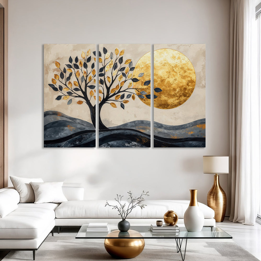 Abstract Canvas Print featuring a tree and sun in gold and navy tones. Modern wall art perfect for living room decor.