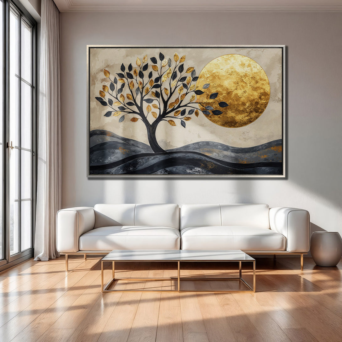 Framed Wall Art: Abstract tree art with gold, black, and beige tones. Modern canvas print adds elegance to any living room decor.
