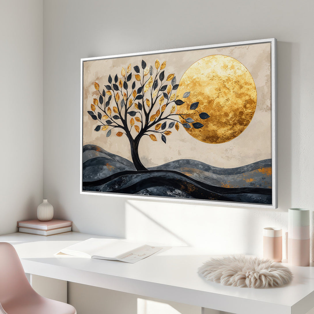 Framed Wall Art: Abstract tree art in gold, black, and beige. Modern canvas print for living room or bedroom decor.