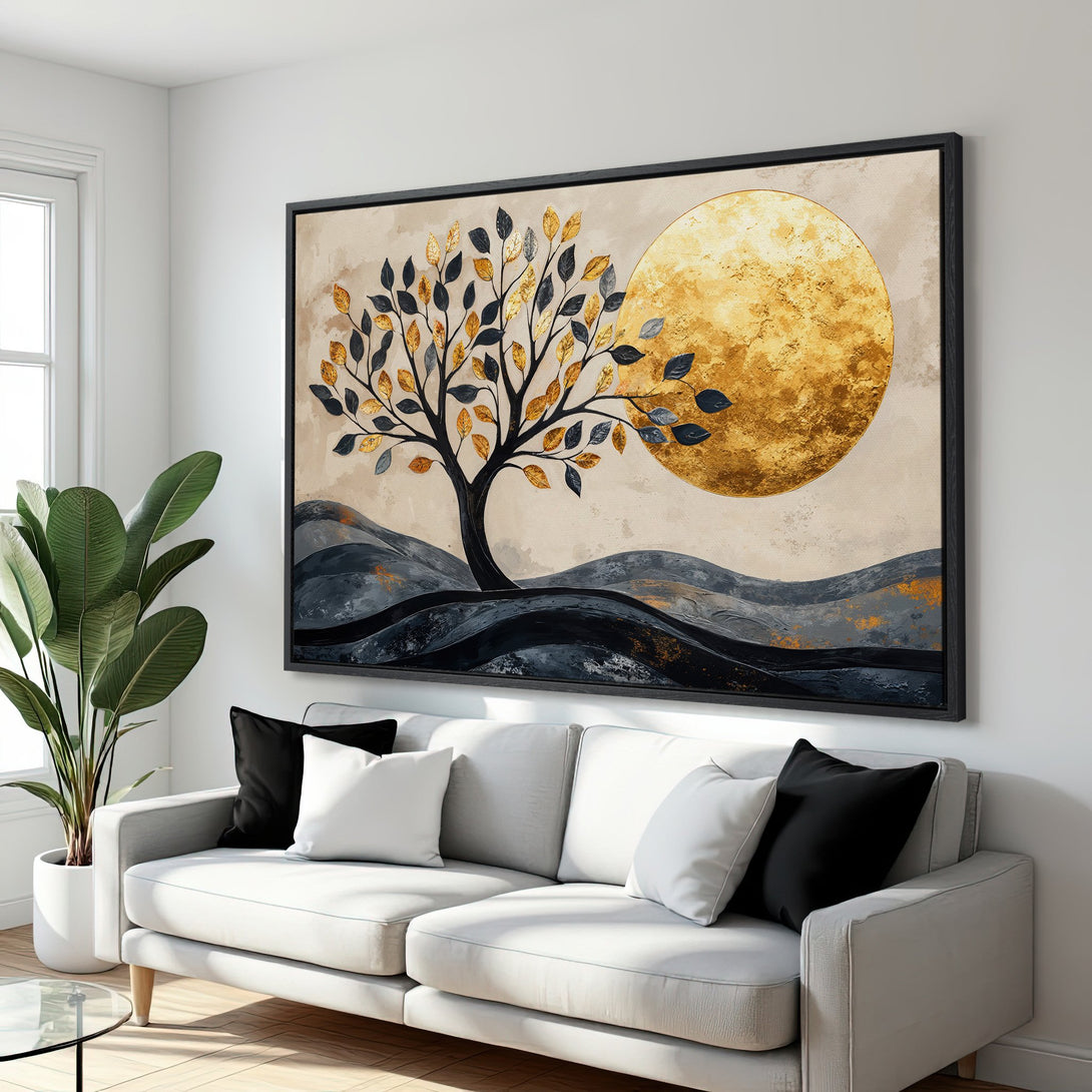 Framed Wall Art: Abstract tree with gold and black leaves. Modern art in neutral and gold tones. Perfect living room decor.