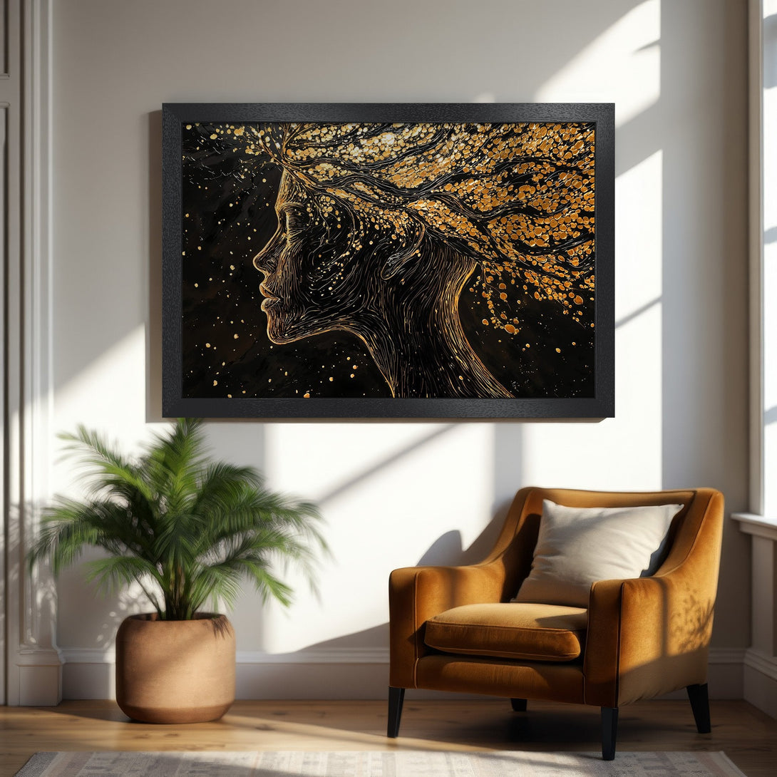 Framed Poster of a woman's profile in gold and black. Abstract art style, elegant home decor.
