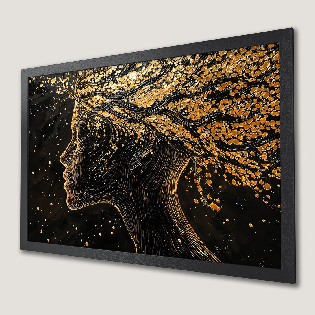 Framed Poster featuring a woman's profile in a gold and black abstract style. Elegant art print with a rich, luxurious color palette.