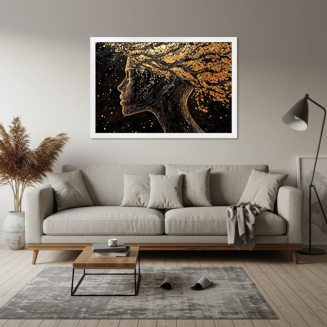 Framed Poster featuring a woman's profile with gold accents on a black background. Modern art style, gold and black color palette. Enhance your space!
