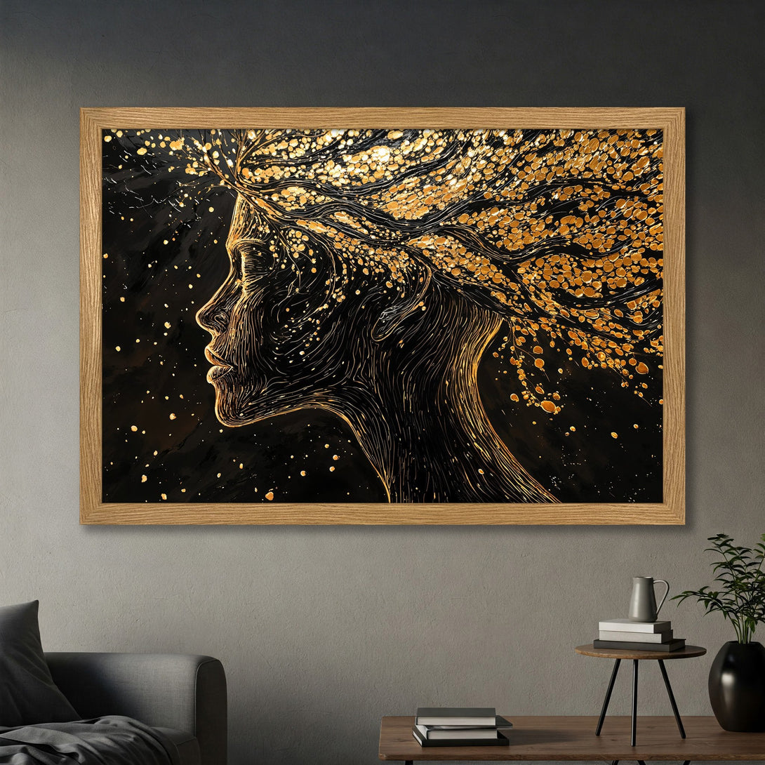 Framed Poster featuring a woman's profile in gold and black, artistic style, perfect for modern decor.