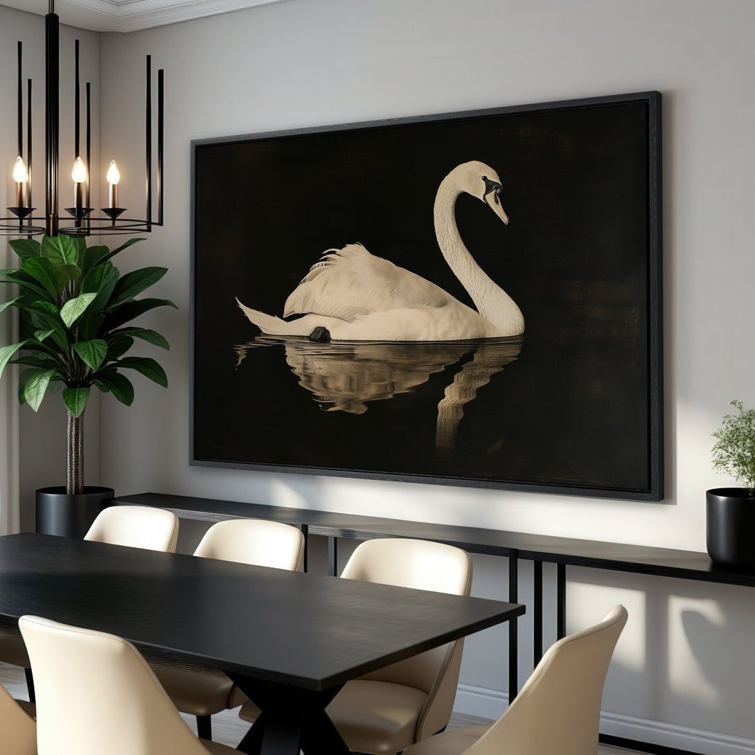 Framed Wall Art: Elegant swan canvas print in monochrome tones. Perfect for modern dining rooms. Shop now for sophisticated wall decor!
