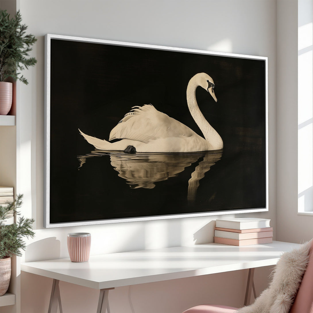 Framed Wall Art featuring a serene swan on water, in a minimalist style with a black and white color palette. Perfect for modern home decor.