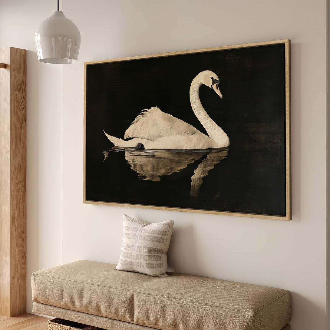 Framed Wall Art: Elegant swan canvas print in black & white. Minimalist art for home decor. Adds a touch of nature & sophistication to your space.