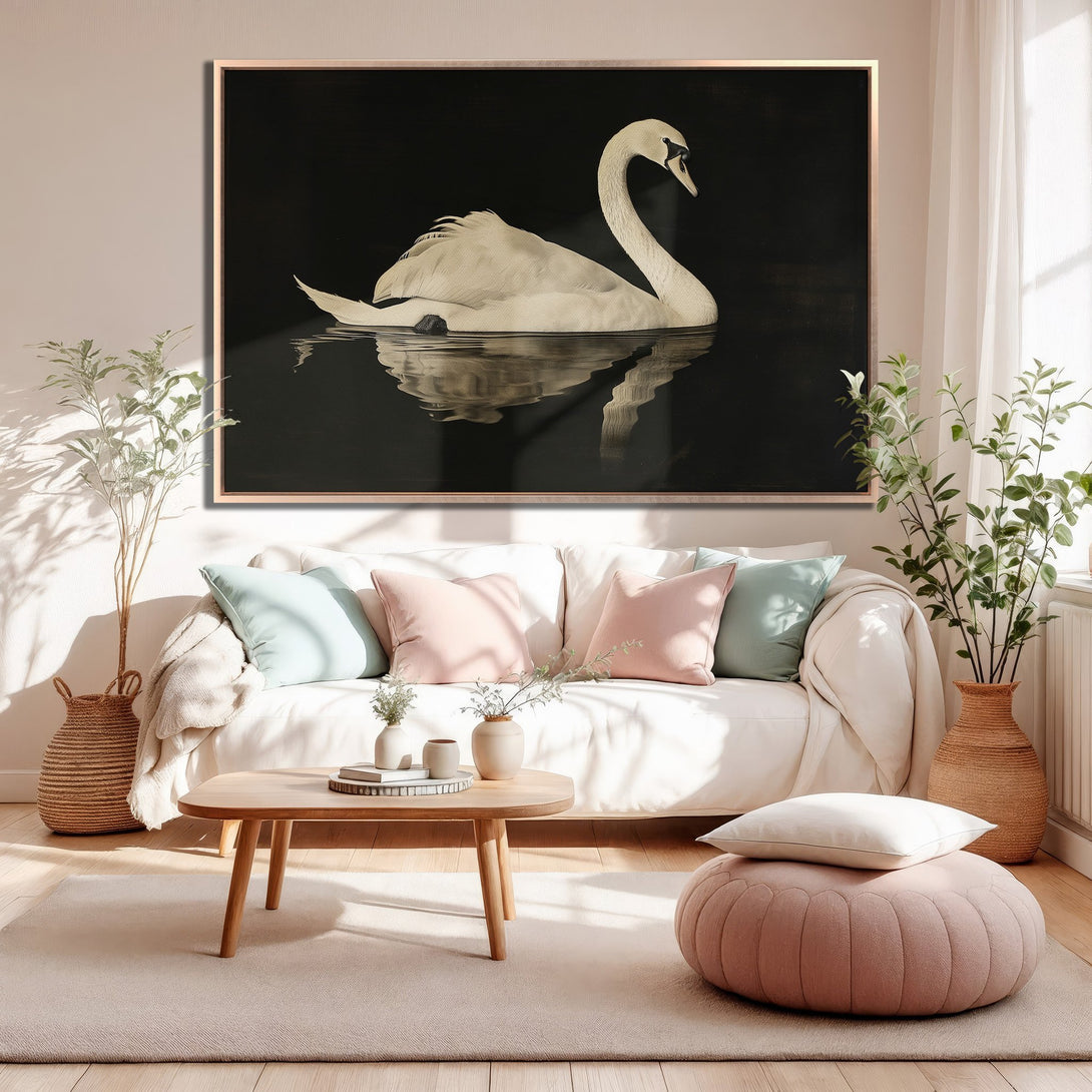 Framed Wall Art: Elegant swan painting in sepia tones, perfect for adding a touch of sophistication to any living room. Neutral color palette, minimalist style.