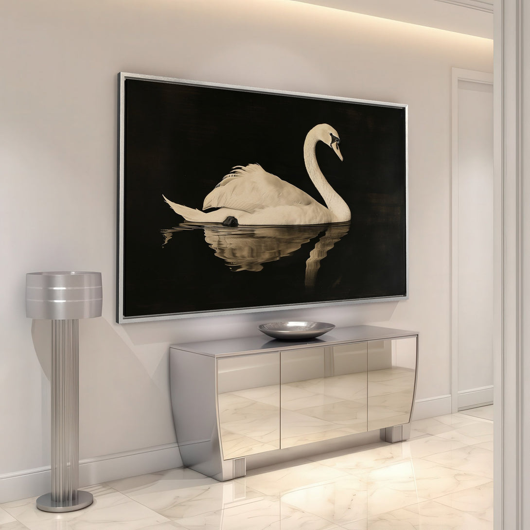 Framed Wall Art: Elegant swan canvas print in sepia tones. Add a touch of sophistication to your home decor with this stunning artwork.