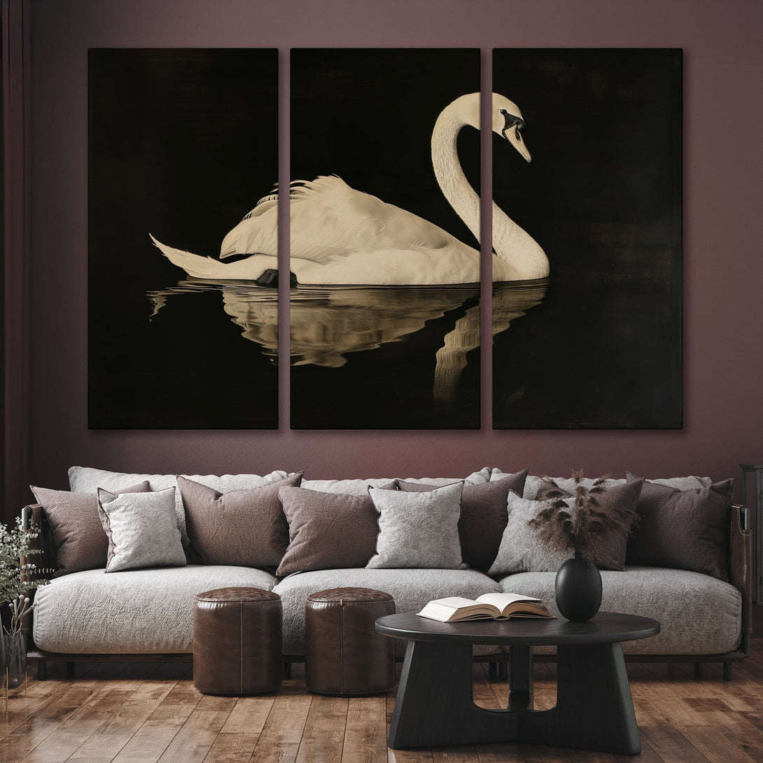 Elegant Canvas Print of a swan on black water, sepia tones. Perfect wall art for a modern living room.