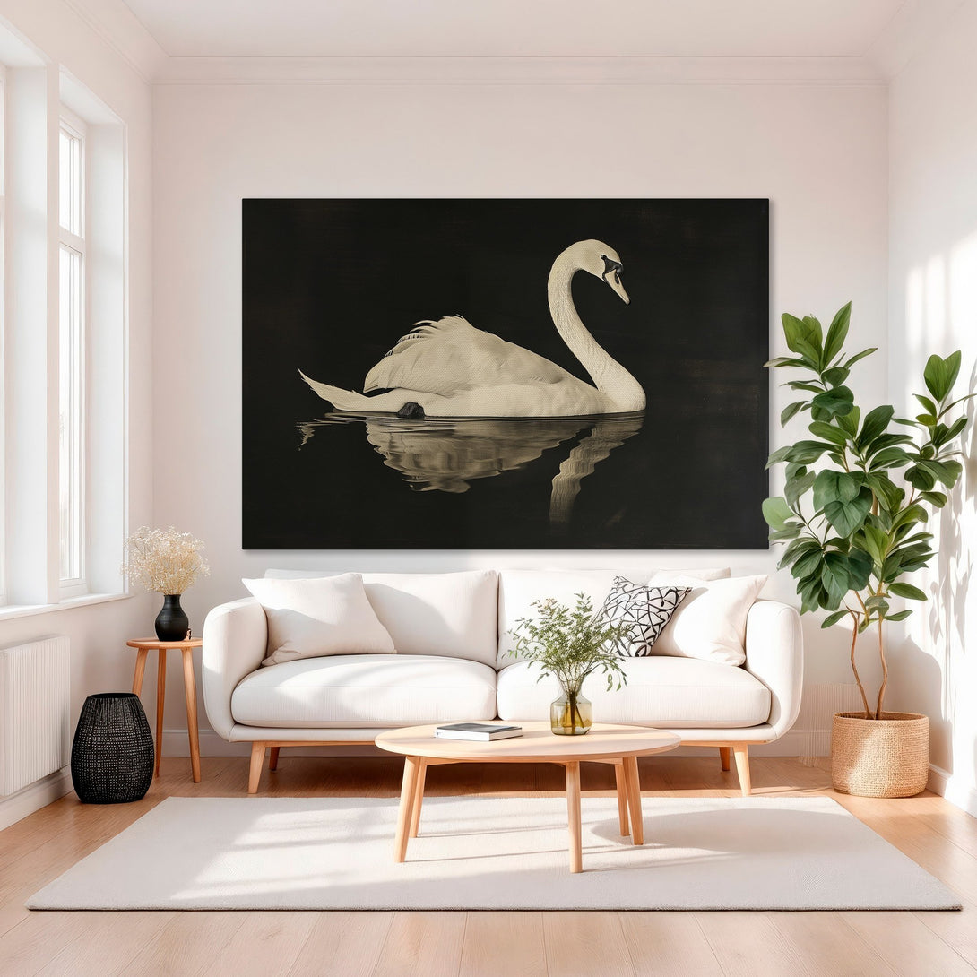Framed Wall Art: Elegant swan canvas print in black and white, gold frame. Perfect for modern interior decor, adds a touch of sophistication.