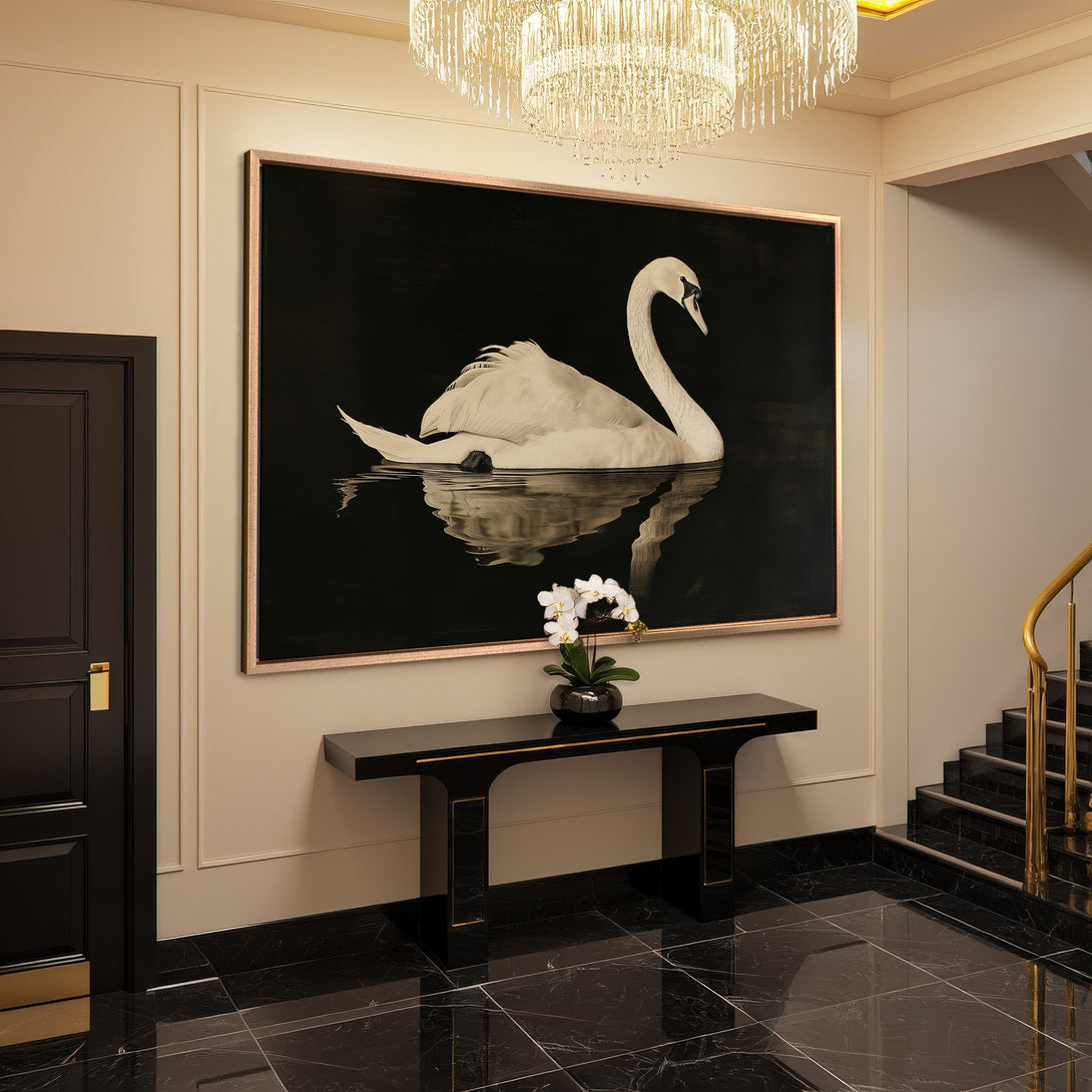 Framed Wall Art: Elegant swan canvas print in a luxurious interior. Black and white art with gold accents, perfect for a sophisticated home.
