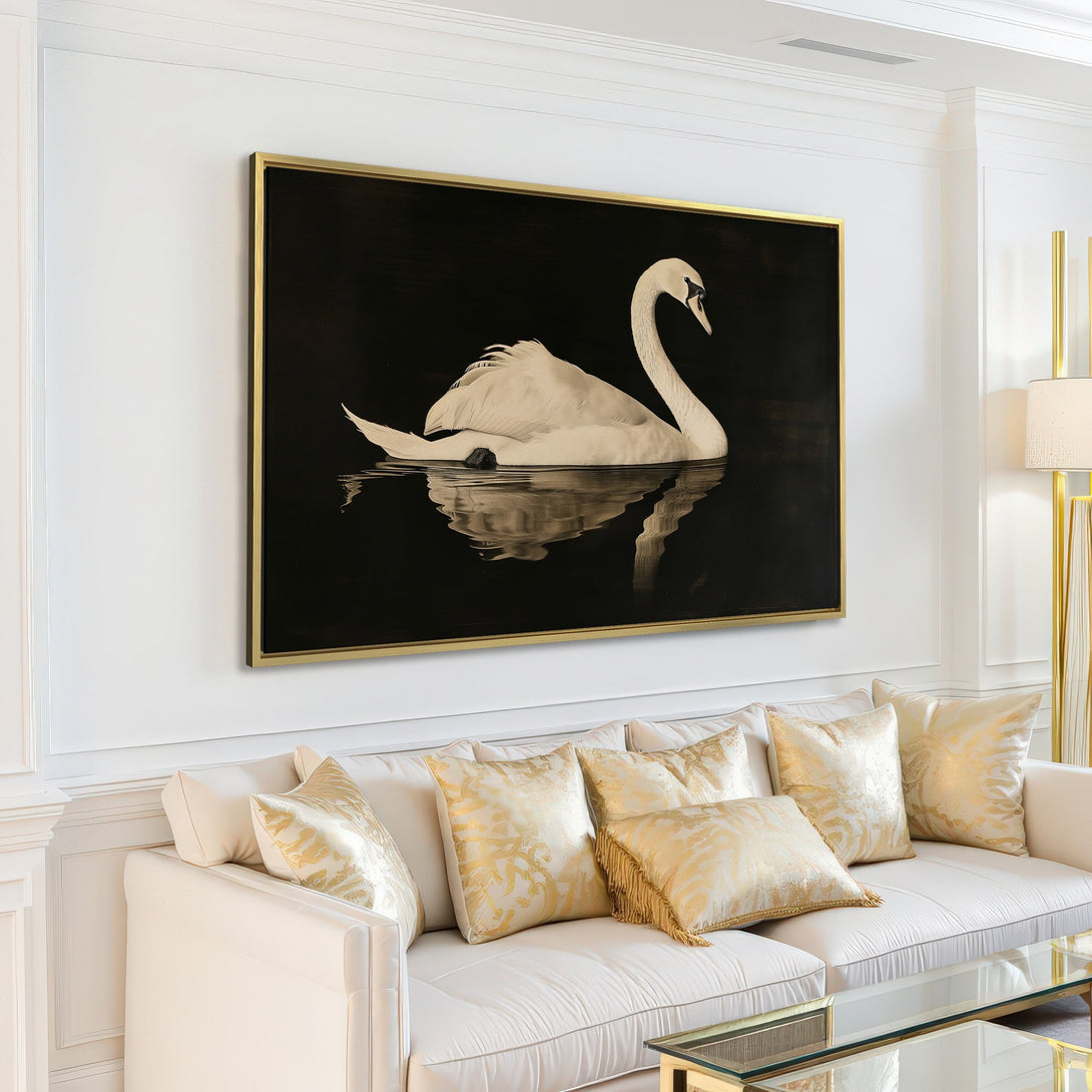 Canvas Print of a swan in sepia tones. Elegant wall art for a modern living room. Minimalist decor with a neutral color palette.