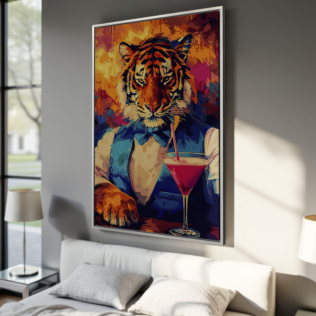 Framed Wall Art: Pop art tiger enjoying a cocktail. Vibrant orange, blue, and pink color palette. Modern wall decor for a stylish home.