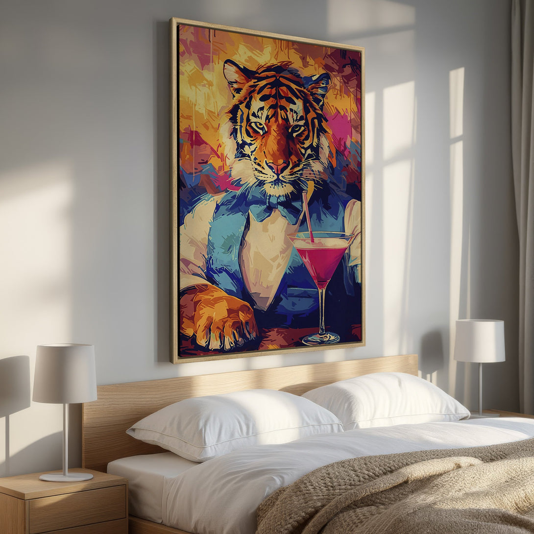 Framed Wall Art: Dapper tiger enjoying a cocktail. Pop art style with vibrant orange, blue, and pink hues. Perfect for adding personality to your bedroom decor!