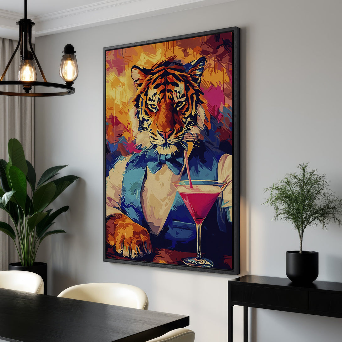 Framed Wall Art featuring a dapper tiger with a cocktail, vibrant pop art style in warm orange, blue, and pink tones. Perfect for modern home decor!