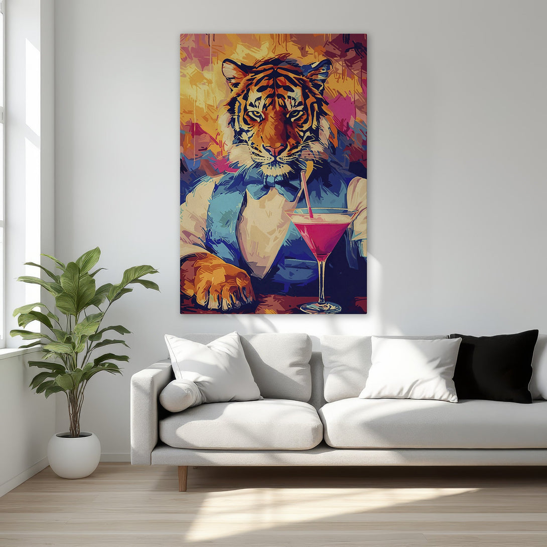 Framed Wall Art featuring a dapper tiger enjoying a cocktail. Pop art style with vibrant orange, blue, and pink hues. Perfect for adding personality to your space.