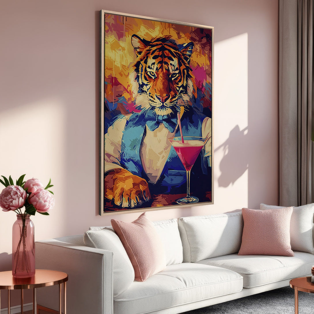 Framed Wall Art: Stylish tiger portrait with a cocktail, vibrant orange, blue, and pink color palette. Perfect for adding a touch of art to your living room!