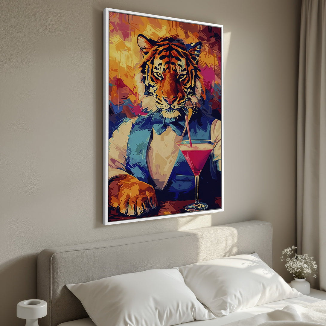 Framed Wall Art: Stylish tiger portrait with cocktail, vibrant abstract art in warm orange, red, and blue tones. Perfect for adding personality to your space!