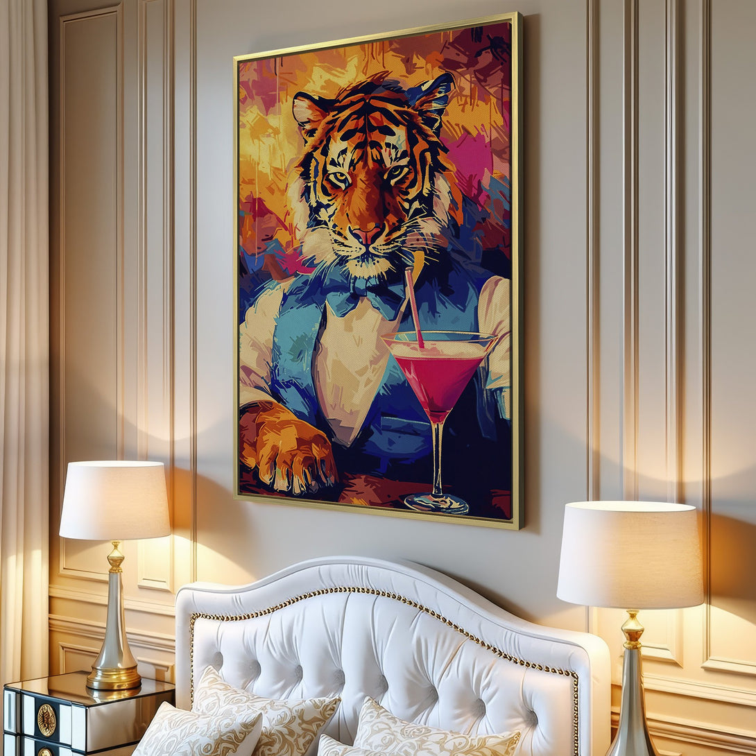 Canvas Print of a tiger in a tuxedo, vibrant pop art style with warm orange, blue, and pink hues. Perfect for adding personality to any room.