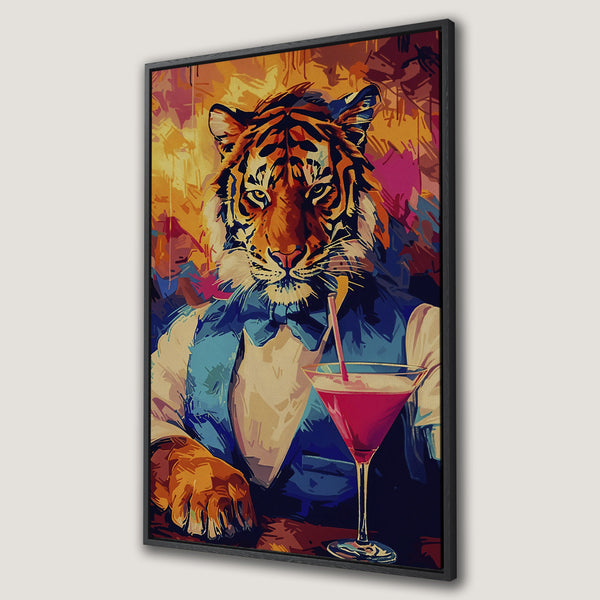Framed Wall Art: Dapper tiger enjoying a cocktail. Pop art style with vibrant orange, blue, and pink hues. Perfect statement piece for any room.