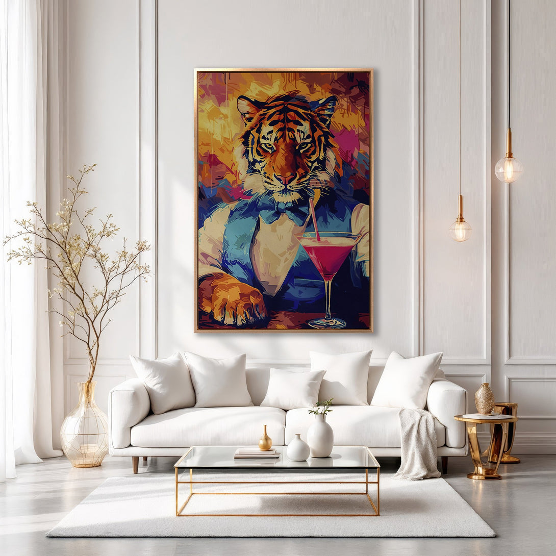 Framed Wall Art: Dapper tiger enjoying a cocktail. Pop art style with vibrant orange, blue, and pink hues. Perfect for adding a touch of fun to your home.