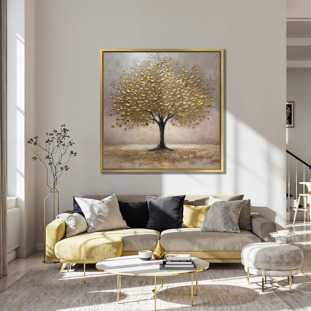 Canvas Print of a golden tree painting in an interior. Warm gold and neutral color palette. Modern wall art for home decor.