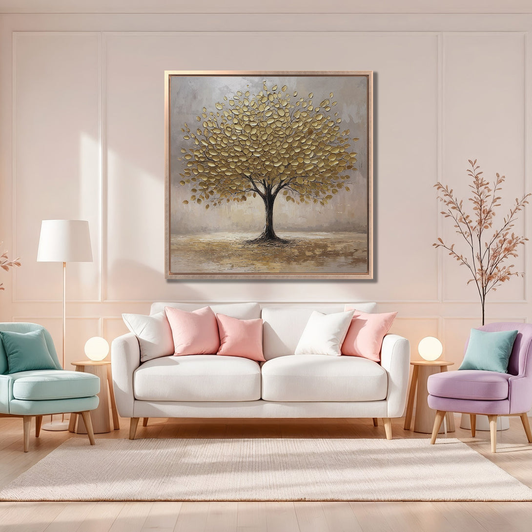 Framed Wall Art: Abstract gold tree canvas print in a modern living room. Neutral color palette with pops of pastel pink and blue. Elevate your space!