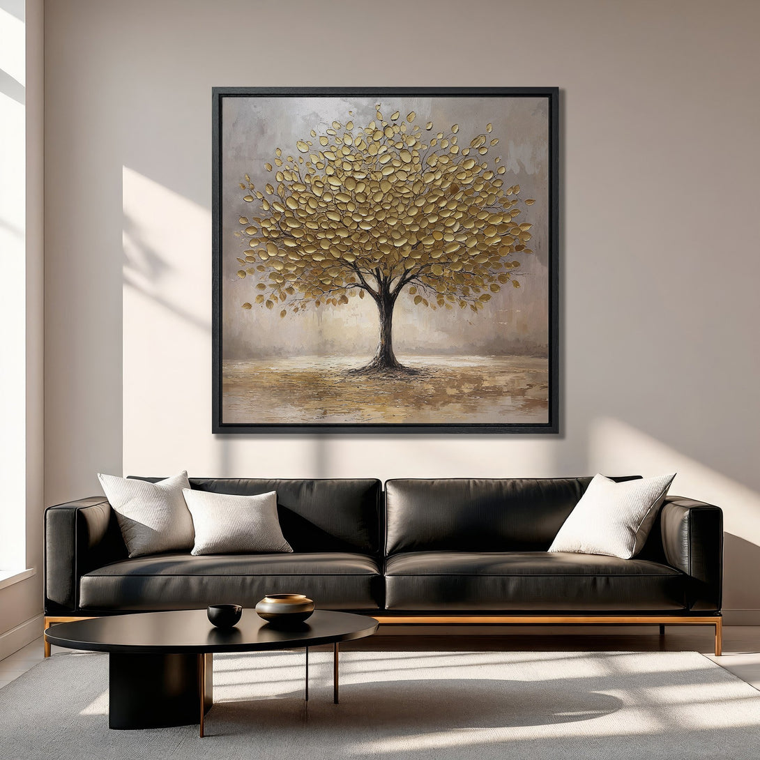 Framed Wall Art: Golden tree art print in neutral tones. Modern abstract style with a warm, inviting color palette. Perfect for living room decor.