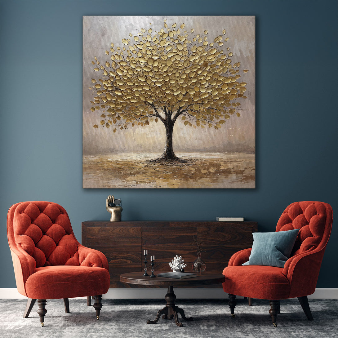 Framed Wall Art: Textured gold tree painting in a modern living room. Neutral color palette with gold accents. Perfect for adding warmth & style.