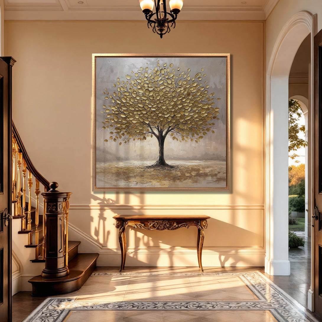 Framed Wall Art: Golden tree painting in a neutral interior. Textured art with gold, gray, and beige color palette. Perfect for a luxurious home decor upgrade.