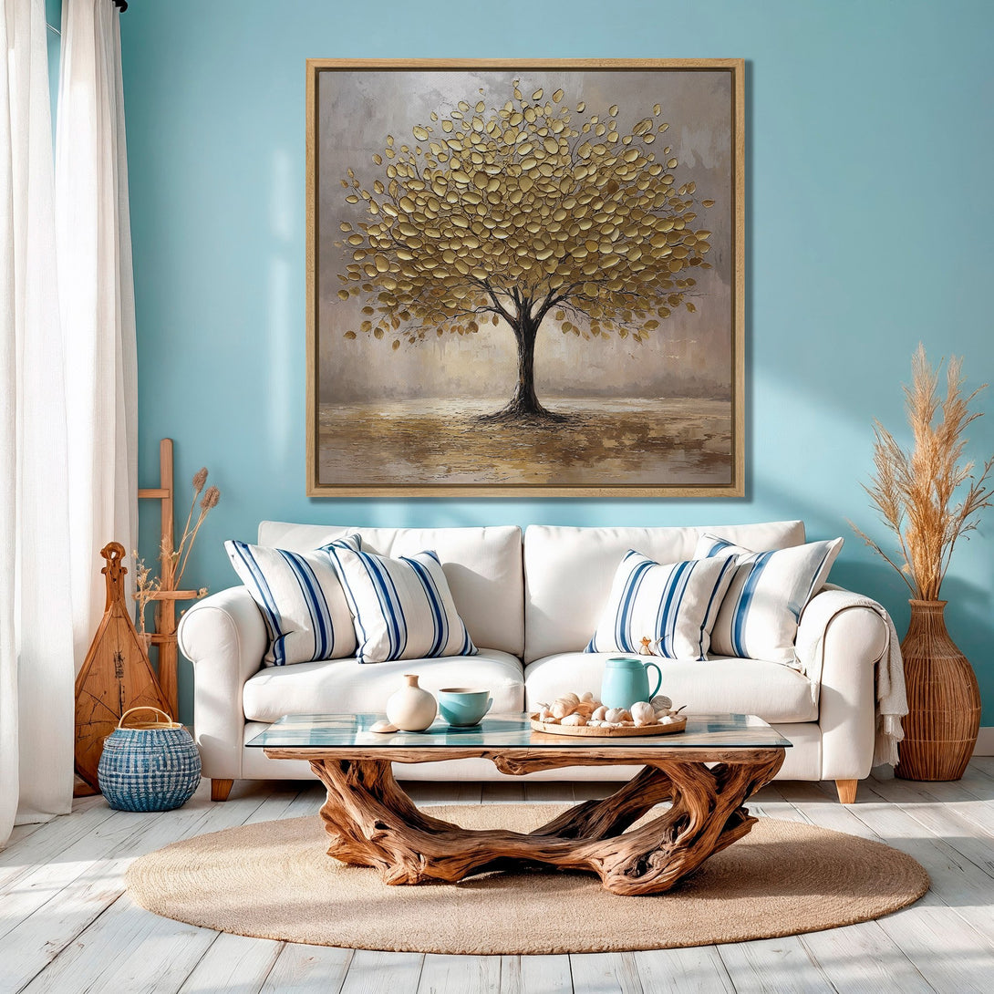 Framed Wall Art Canvas Print of a golden tree painting. Modern abstract style with a neutral and blue color palette, perfect for home decor.