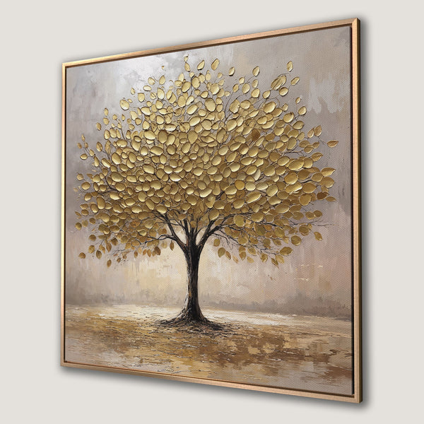 Framed Wall Art: Textured gold leaf tree painting on canvas. Neutral color palette with warm tones, perfect for adding elegance to any space.