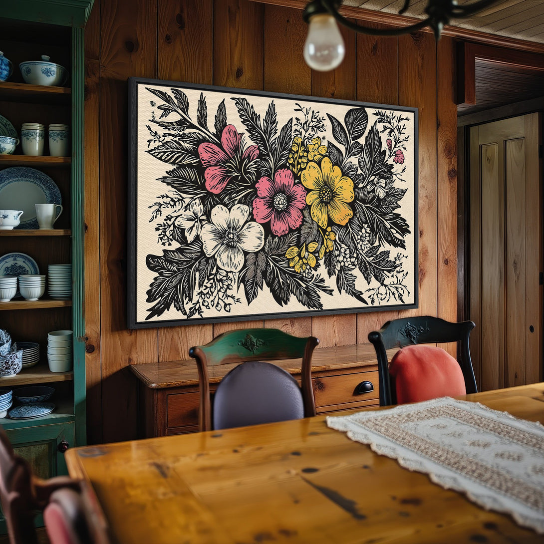Framed Wall Art: Floral design in black, pink, and yellow. Rustic style canvas print adds charm to any dining room decor. Shop now!