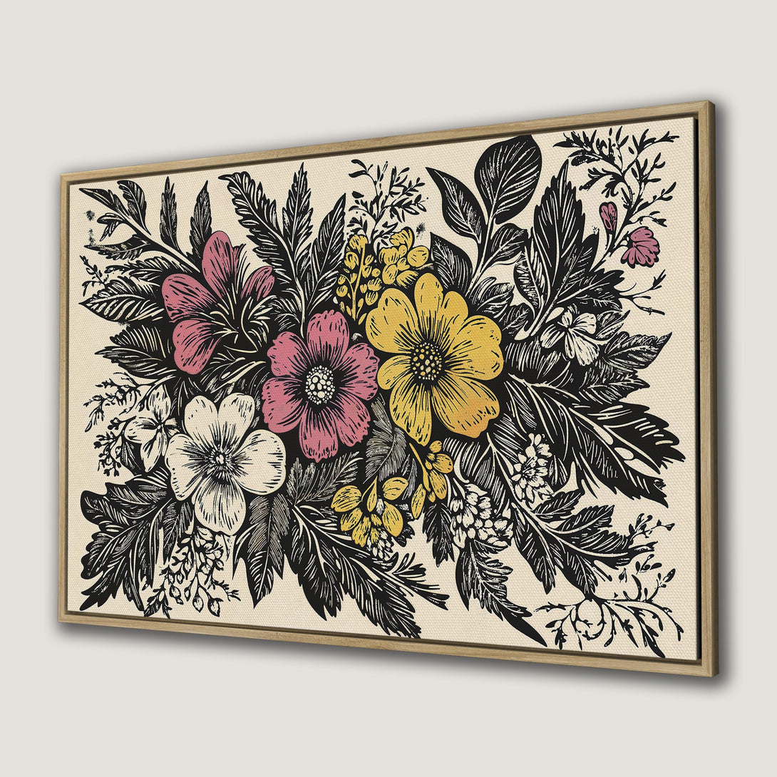 Canvas Print featuring a floral design in a vintage linocut style. Black, pink, and yellow flowers on a neutral background.