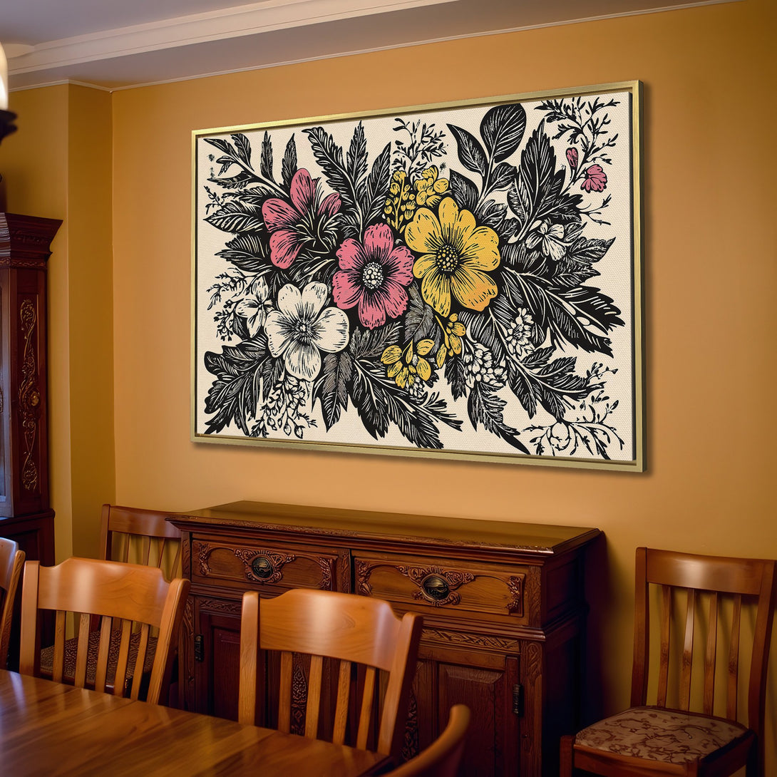Canvas Print: Floral art in a neutral interior. Features a black and white botanical design with pops of pink and yellow. Perfect wall decor.