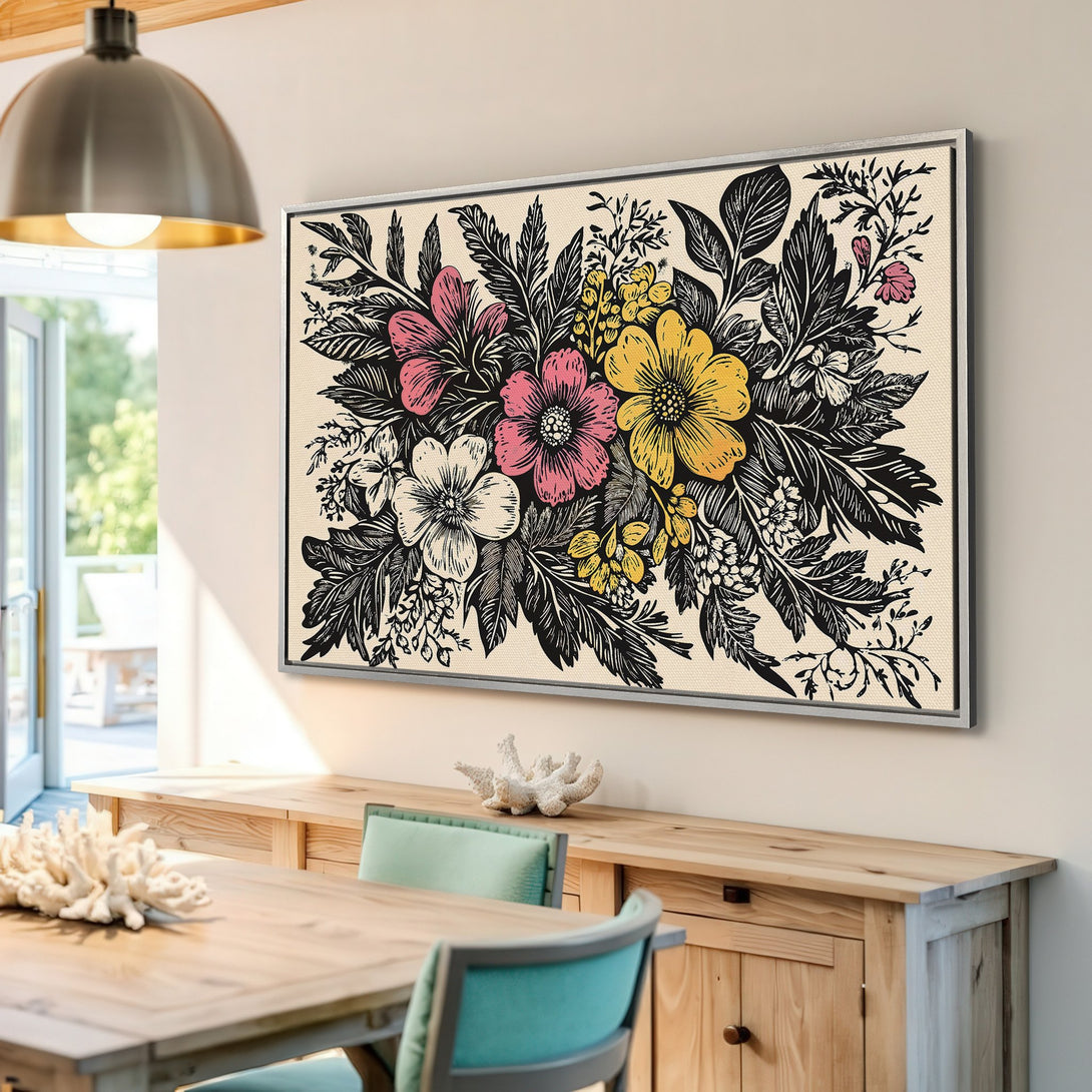 Framed Wall Art: Bold floral Canvas Print in black, pink, and yellow on a cream background. Perfect for adding a touch of nature-inspired art to your home.