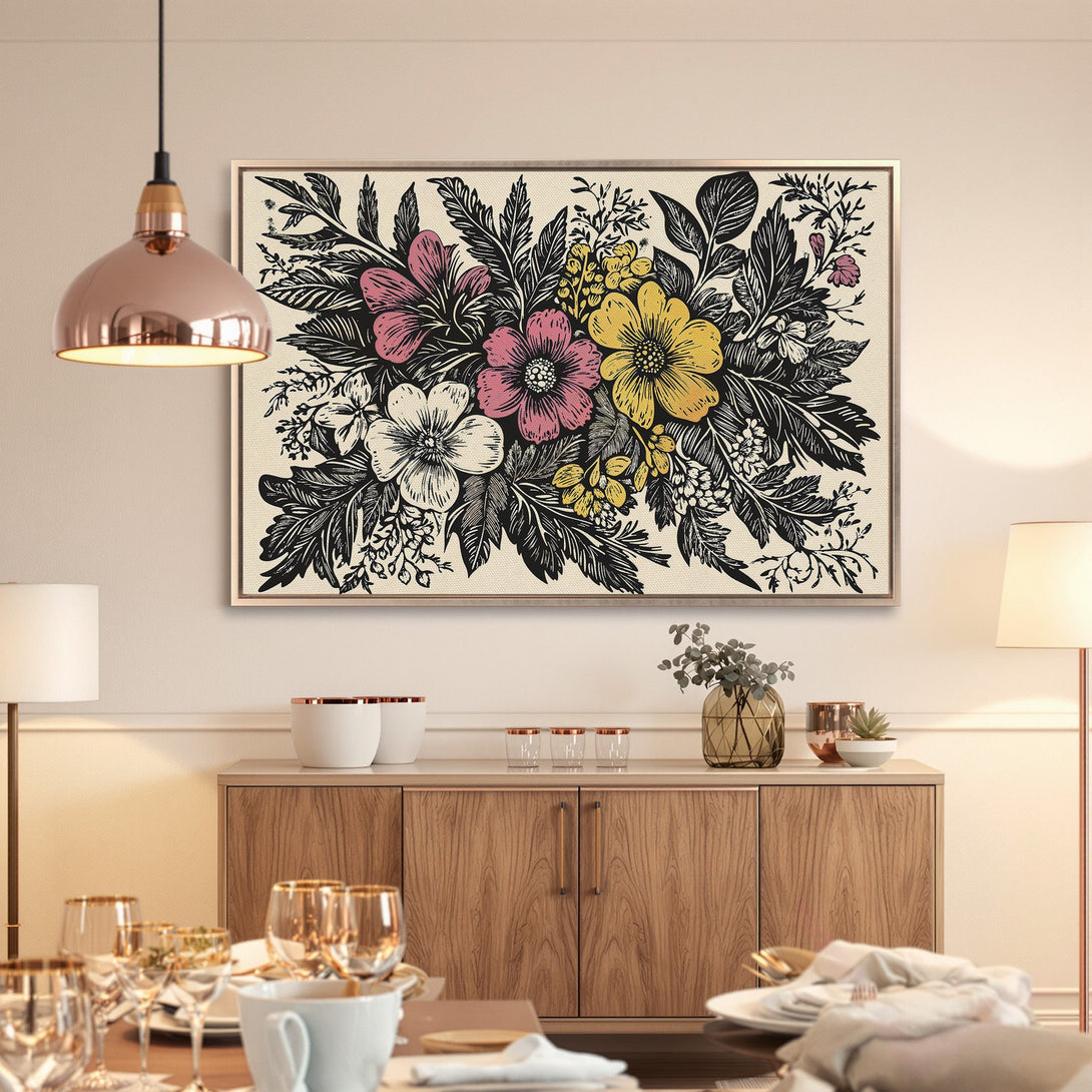 Framed Wall Art featuring a floral design in black, pink, and yellow. Adds a touch of elegance to any interior. Shop now!