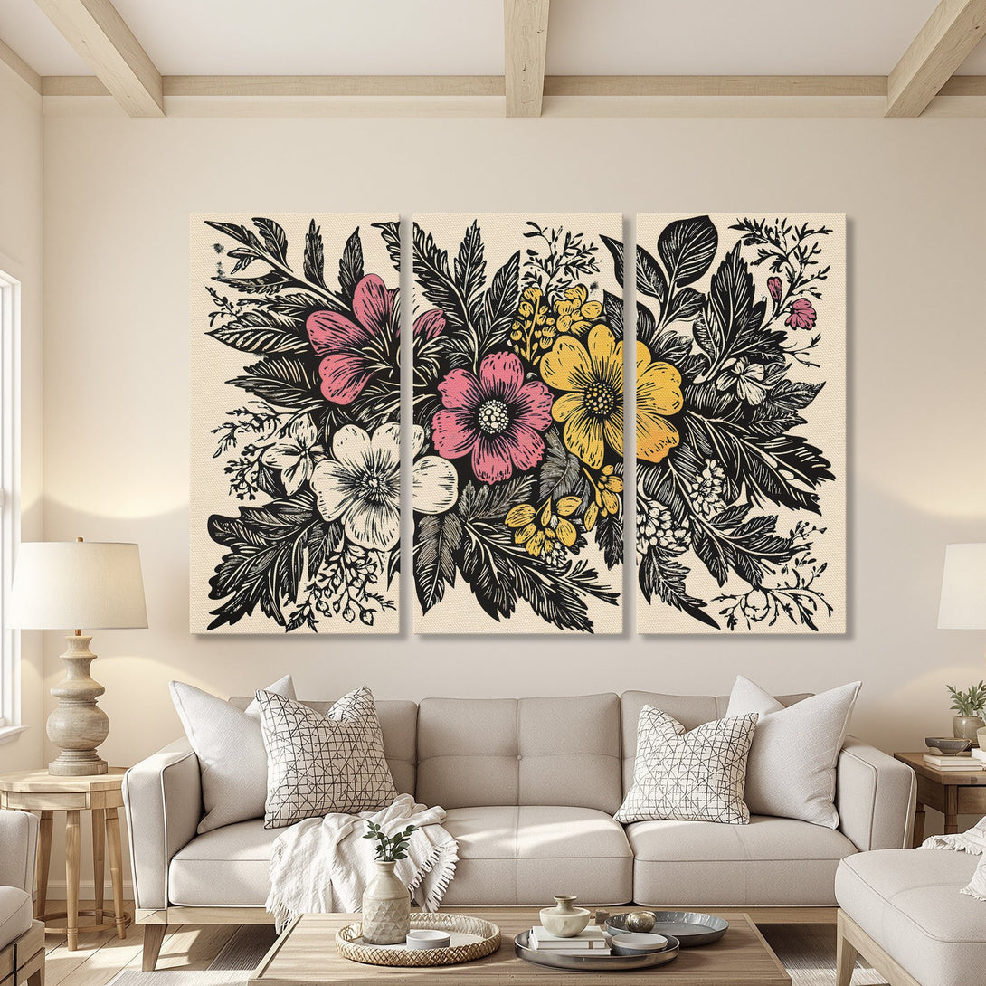 Canvas Print of floral art in a modern interior. Features a bold, black and white linocut style with pops of pink and yellow.
