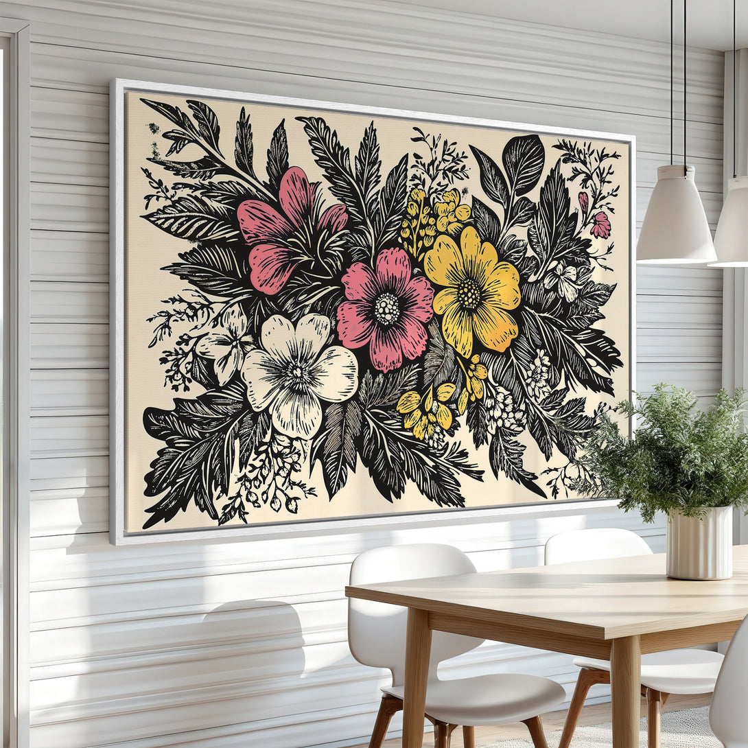 Framed Wall Art featuring a floral design in a modern, linocut style with pink, yellow, and black hues. Perfect for adding a pop of color to your space!