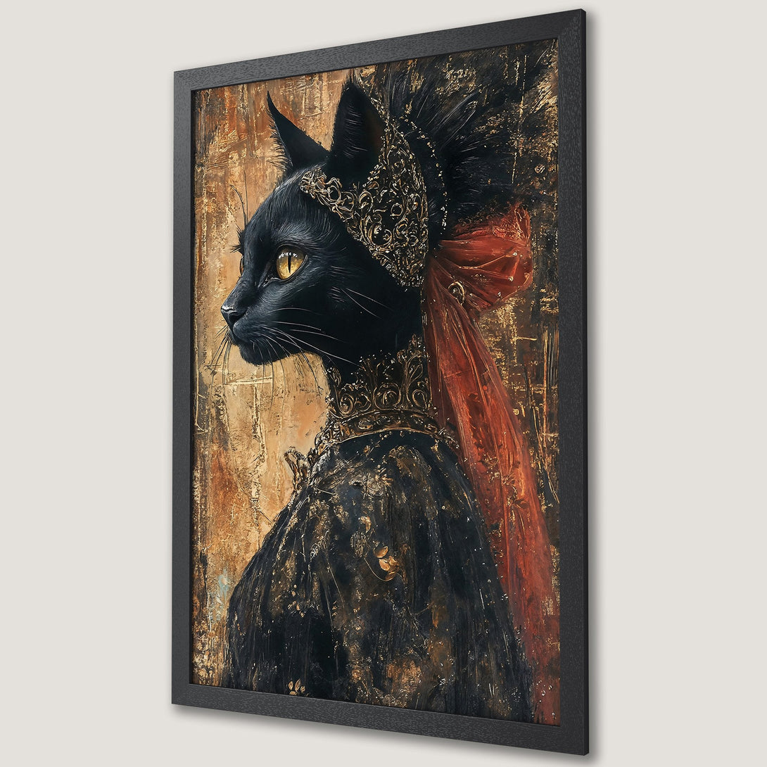 Framed Poster featuring a regal black cat in ornate attire. Artistic style with a warm, earthy color palette of black, gold, and red.